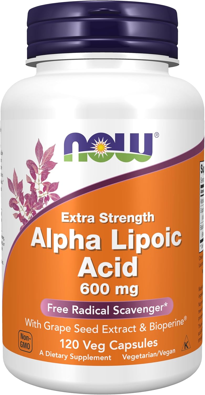 NOW Foods Supplements, Alpha Lipoic Acid 600 mg with Grape Seed Extract & Bioperine, Extra Strength, 120 Veg Capsules