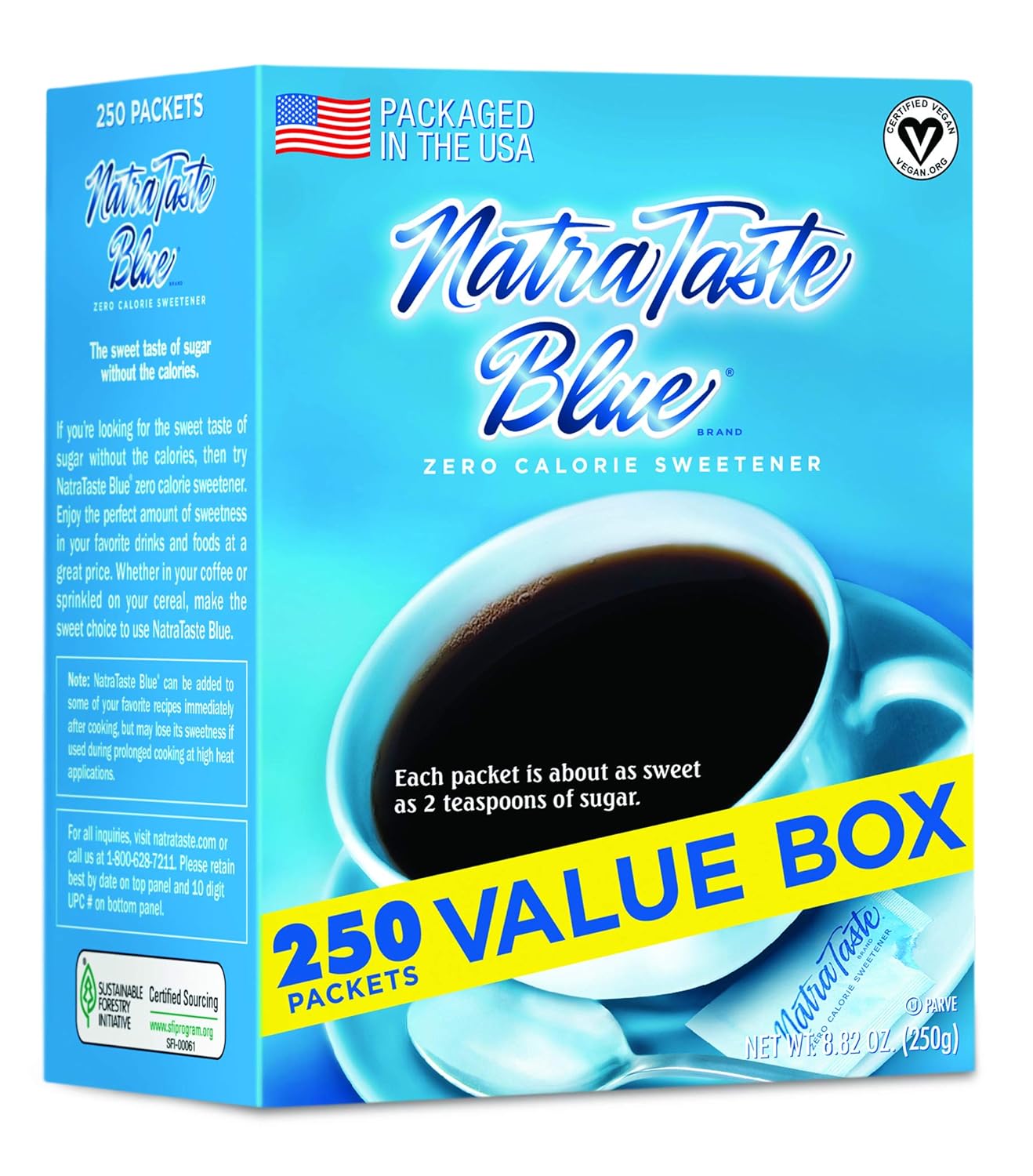 NatraTaste Blue Zero Calorie Sweetener, Bulk Sugar Substitute for Coffee, Iced Tea, Lemonade, Hot & Cold Drinks, Baking, Cooking, Low Carb, Vegan, Sugar Alternative, 250 Packets Value Box (8 pack)
