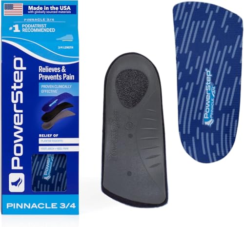 PowerStep Pinnacle 3/4 Insoles, Orthotic Insole for Tight Shoes, Plantar Fasciitis Relief, Arch Supports Orthotic Insoles for Women and Men, Made in The USA (Men's 9-9.5 / Women's 11-11.5)