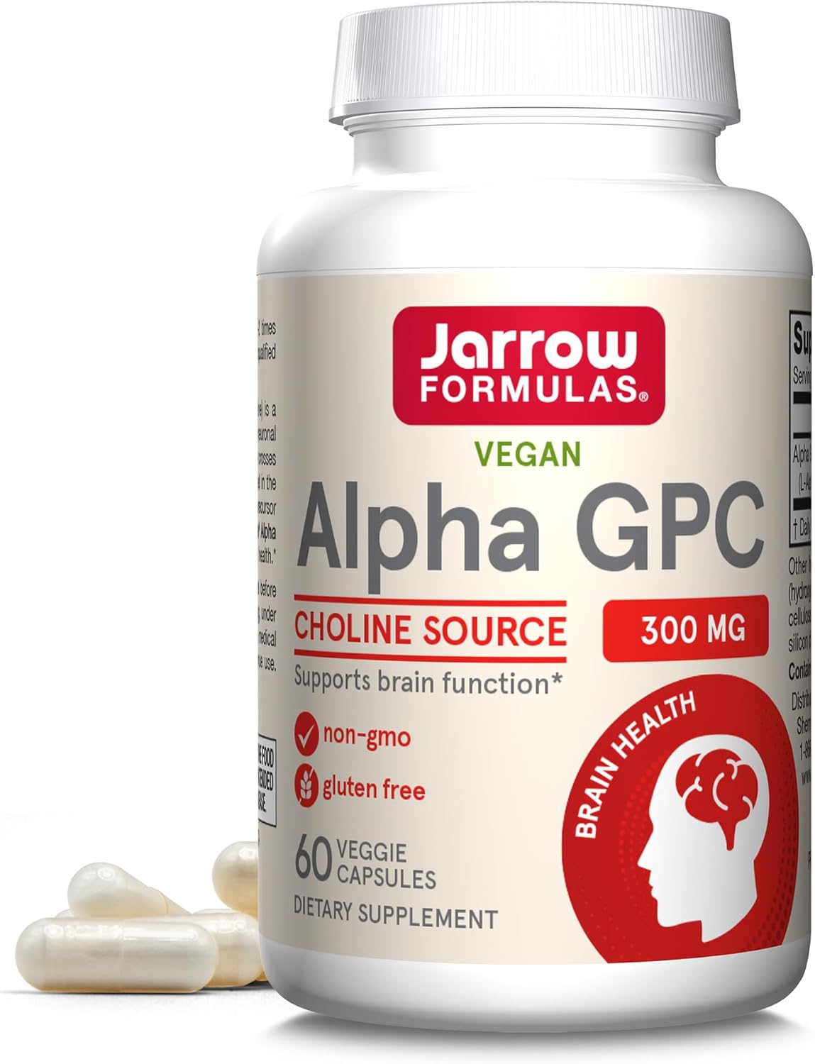 Jarrow Formulas Alpha GPC, 300mg, Dietary Supplement, Brain Health Supplements for Adults, 60 Veggie Capsules, 30 Day Supply