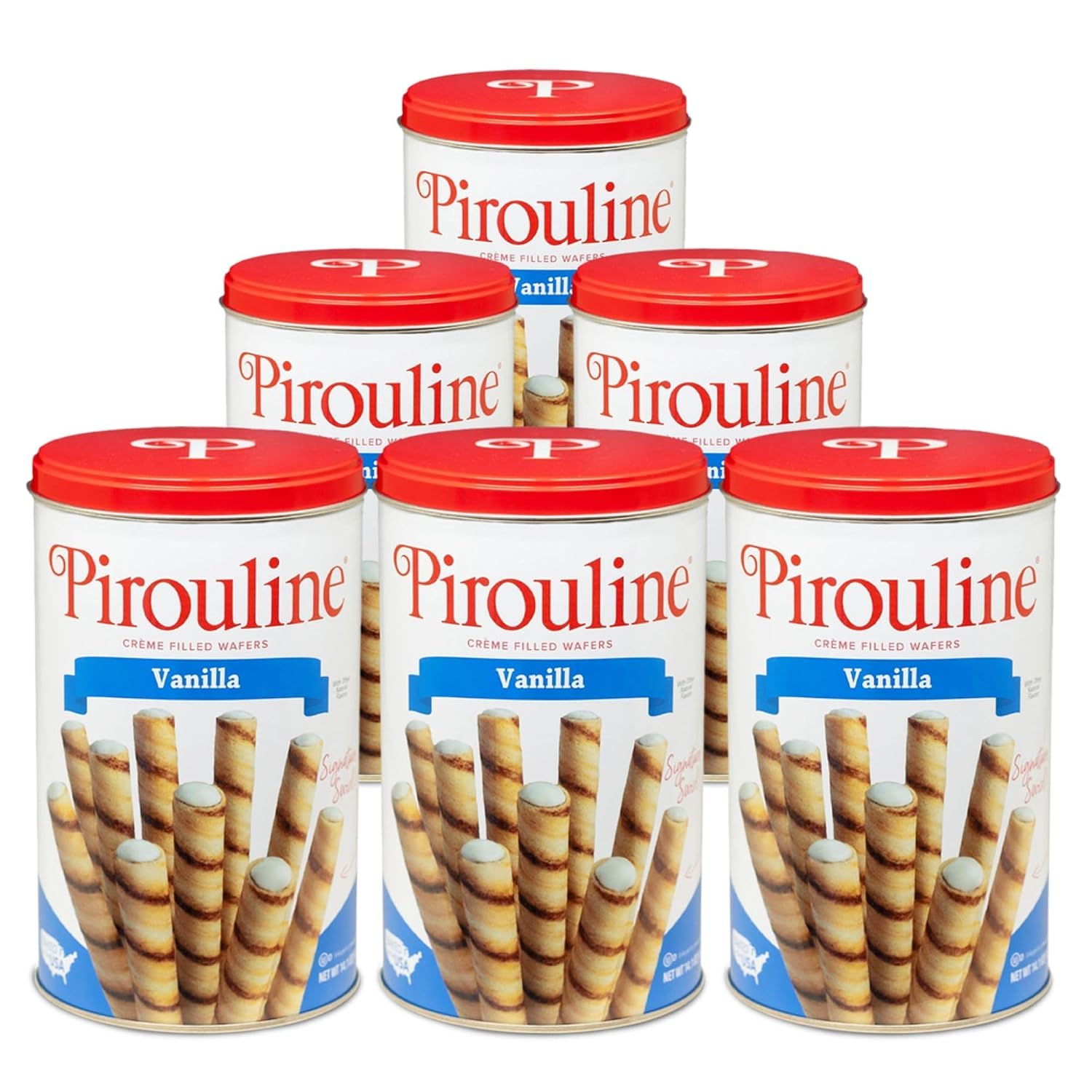 Pirouline  Vanilla Rolled Wafers  Rolled Wafer Sticks, Creme Filled Wafers, Rolled Cookies for Coffee, Tea, Ice Cream, Snacks, Parties, Gifts, and More  14.1oz Tin 6 Pack