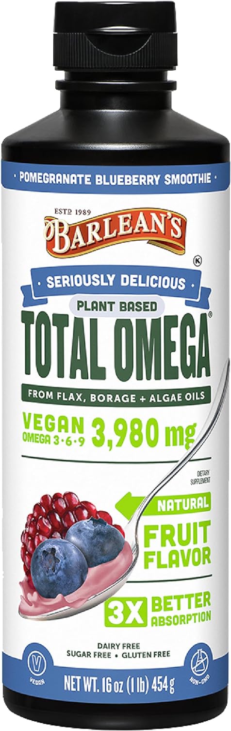 Barlean's Liquid Flaxseed, Borage and Algae Oils Omega 3 Supplement, Pomegranate Blueberry Flavor, Vegan EPA and DHA, Flax and Borage Seed Oil with 3,980 mg of Omega-3-6-9, 16 oz