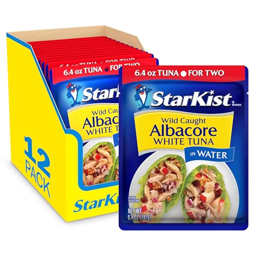 StarKist Albacore White Tuna in Water, 6.4 oz Pouch (12 Pack) Ready to Eat Wild Caught Tuna, 19g Protein Per Serving, 90 Calories Per Serving, Gluten Free, Soy Free, Kosher, Perfect for Meals & Snacks