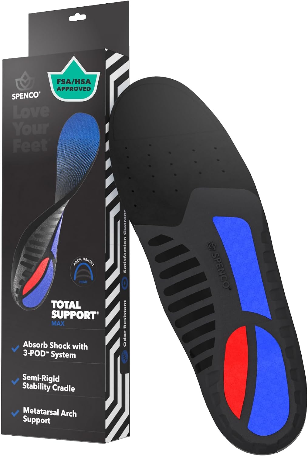 Spenco Total Support Max Shoe Insoles - Orthotic Metatarsal Arch Support Inserts - Absorbs Shock, Reduces Over-Pronation, Conforms to Foot Contours, Deep Heel Cupping Women's 9-10.5/Men's 8-9.5