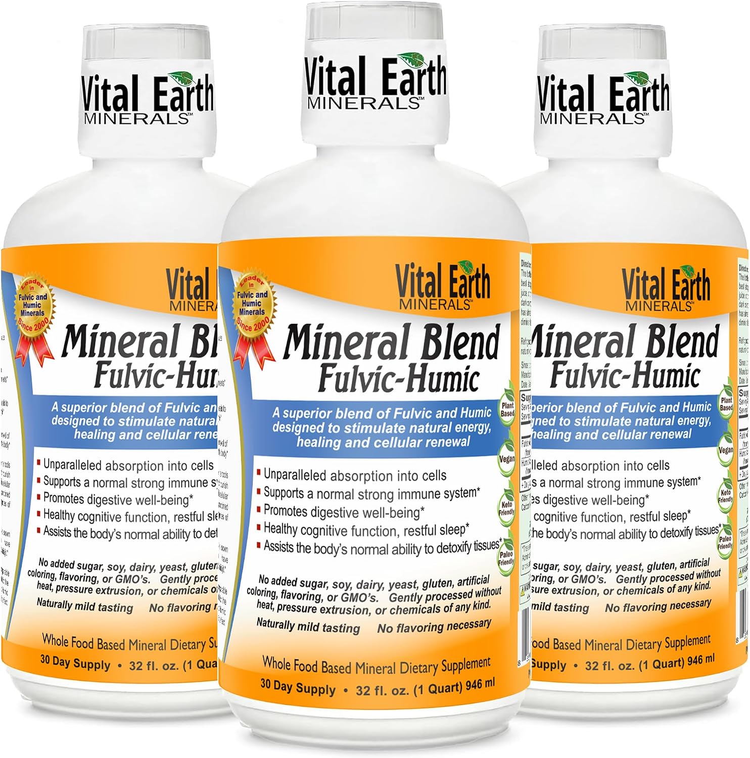 Vital Earth Minerals Fulvic Humic Mineral Blend Liquid 3-Pack  Fulvic Acid Supplement with 70+ Trace Minerals, Electrolytes for Recovery, Balance & Energy, 32 Oz Ea + 1 Oz Cup Ea