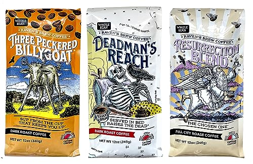 Raven's Brew Whole Bean Coffee Variety Pack - 3 Delicious Flavors - Three Peckered Billy Goat, Deadman's Reach and Resurrection Blend - 12oz each