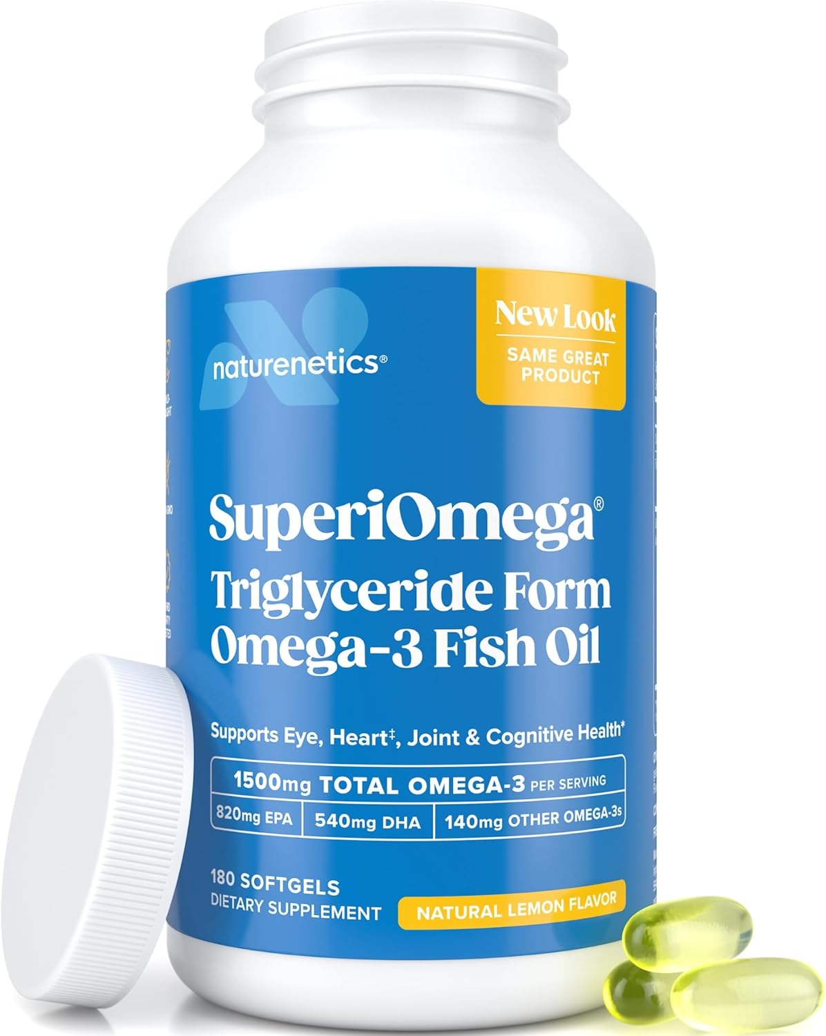 Triglyceride Omega 3 Fish Oil  High EPA & DHA for Eye, Joint, Heart & Brain Support  Omega-3 Fatty Acids - Lemon Flavor  180 Softgels  90 Day Supply