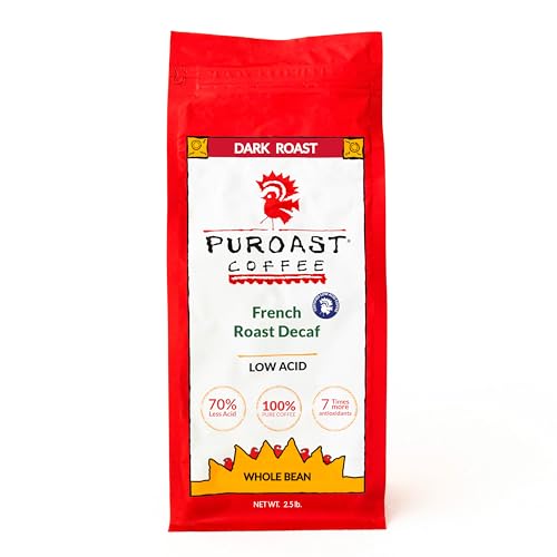 Puroast Low Acid Coffee Decaf Whole Bean | Decaf French Roast Whole Bean | Dark Roast | High Antioxidants & High pH |No Bitter Aftertaste | Reduced Heartburn & GERD | Suitable for Cold Brew - 2.2 LB