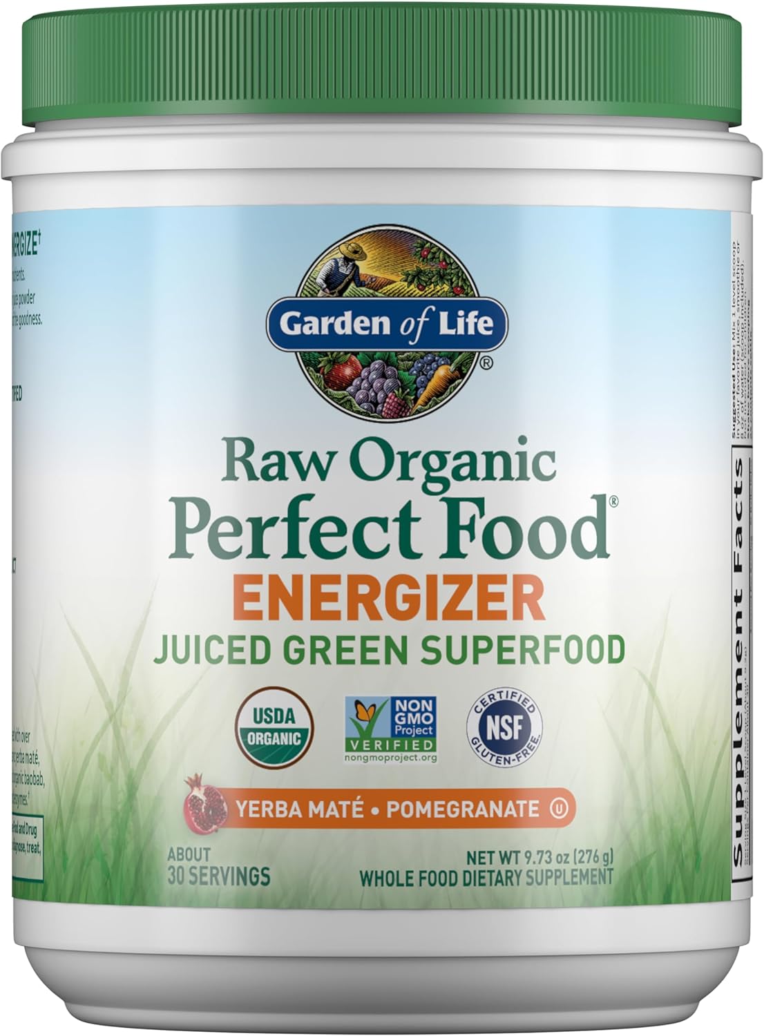 Garden of Life Raw Organic Perfect Food Energizer Juiced Green Superfood Powder - Yerba Mate Pomegranate, 30 Servings, Green Superfood Powder & Probiotics, Gluten Free Whole Food Greens Supplements