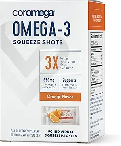 Coromega Omega 3 Fish Oil Supplement, 650mg of Omega-3s with 3X Better Absorption Than Softgels, Orange Flavor, 90 Single Serve Squeeze Packets