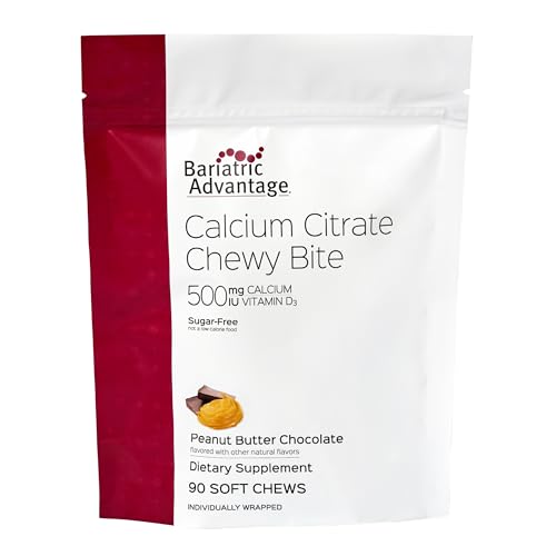 Bariatric Advantage Calcium Citrate Chewy Bites 500 mg - Highly Absorbable & Digestible - Vitamin D3 - Easily Chewable Calcium Supplement - Peanut Butter Chocolate - 90 Count