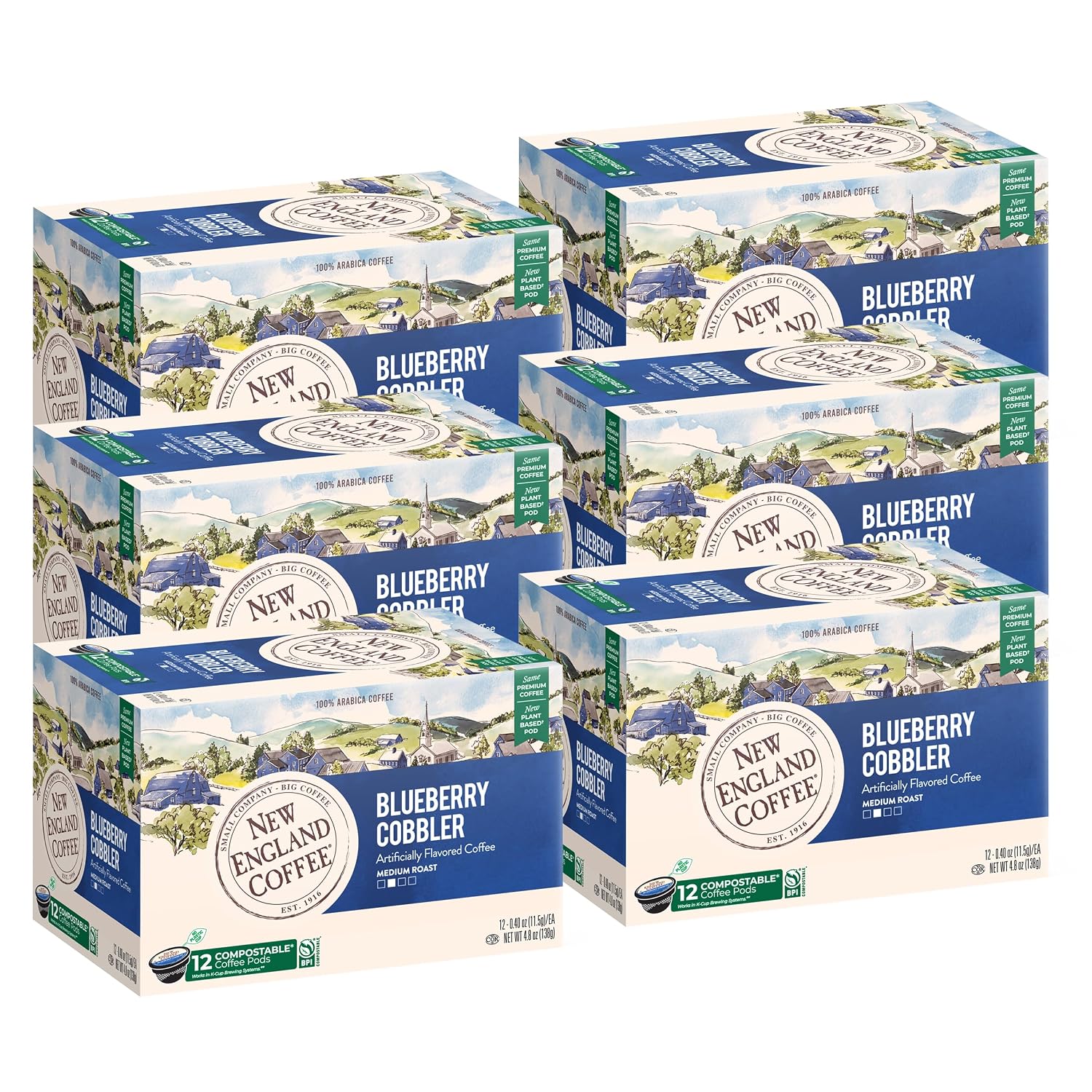 New England Coffee Blueberry Cobbler Medium Roast Single Serve Pods, 12ct Box (Pack of 6)