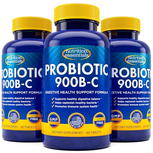 Nutrition Essentials Probiotics for Women and Men with Natural Lactase Enzyme & Prebiotic Fiber for Digestive Health - 80percent + Stronger Supplement for Gut Health Support - 3 Count of 60 Tablets