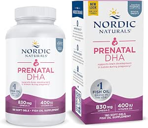 Nordic Naturals Prenatal DHA, Unflavored - 180 Soft Gels - 830 mg Omega-3 + 400 IU Vitamin D3 - Supports Brain Development in Babies During Pregnancy & Lactation - Non-GMO - 90 Servings