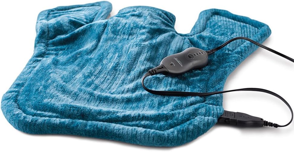 Sunbeam XL Renue Contoured Heating Pad, 25" x 25", For Neck & Shoulder Pain Relief with Auto Shut Off, Moist Heating Option, Machine-Washable, Gifts For Mom & Wife, Lakeshore Blue