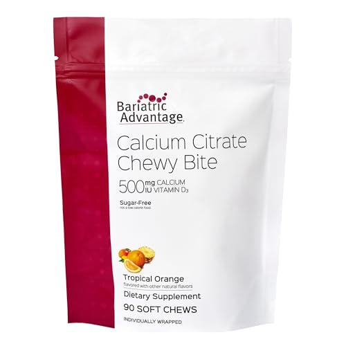 Bariatric Advantage Calcium Citrate Chewy Bites 500 mg - Highly Absorbable & Digestible - Vitamin D3 - Easily Chewable Calcium Supplement - Tropical Orange - 90 Count