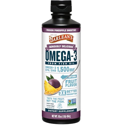 Barlean's Omega 3 Fish Oil Liquid Supplement for Men and Women, Passion Pineapple, 1500mg EPA and DHA Fatty Acid, 16 oz