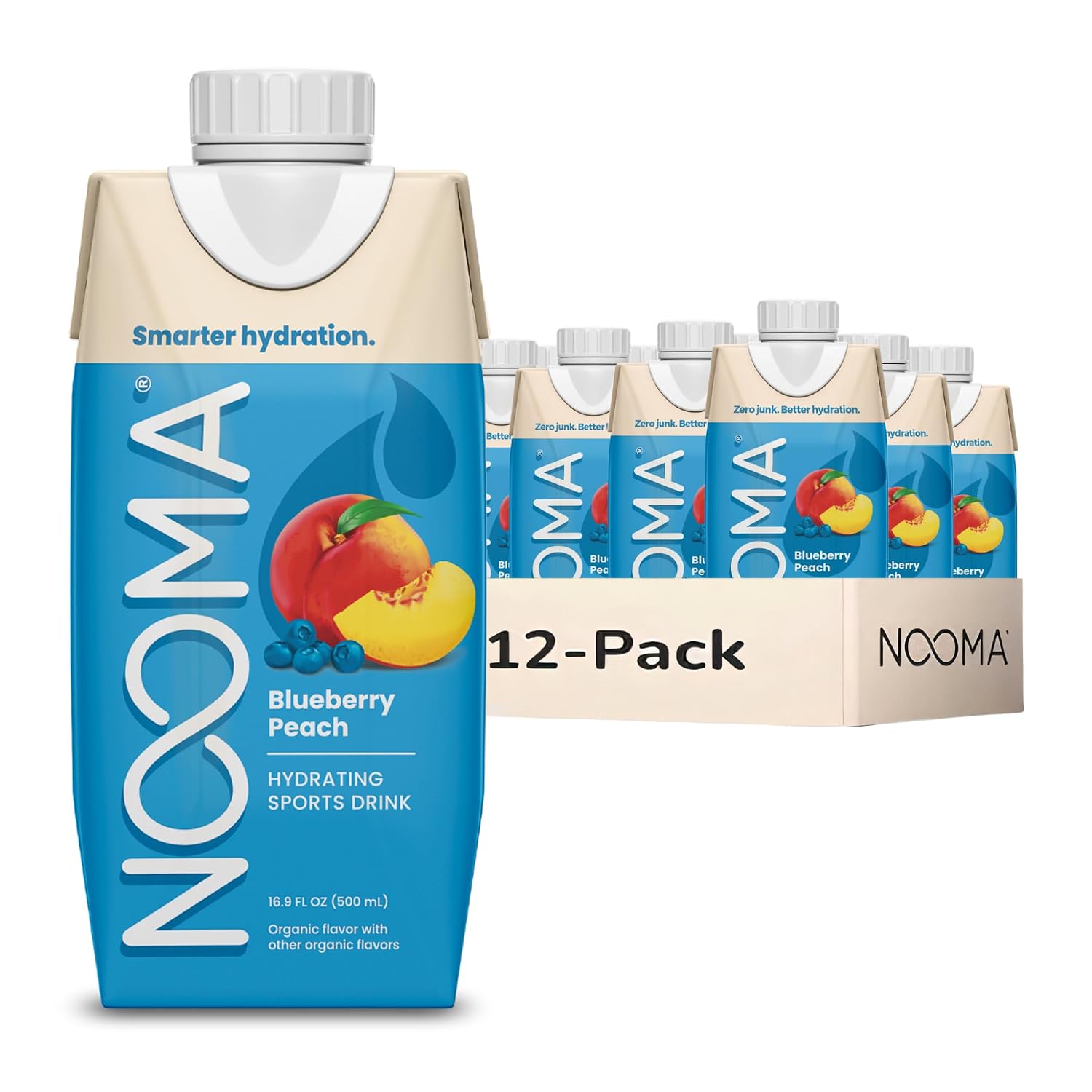 NOOMA - Hydrating Sports Drink - Electrolyte Drink with Organic Coconut Water - Organic & No Added Sugars - Rapid Hydration - 30 Calories & 505mg Electrolytes - Blueberry Peach - 12 Pack (16.9oz each)