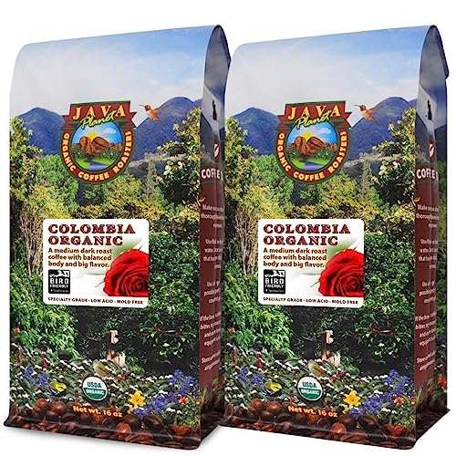 Low Acid Organic Coffee  Whole Bean, Mold-Free & Stomach Friendly by Java Planet, Colombian Single Origin, Medium Dark Roast, Smooth Full Flavored, 2x1LB Bag