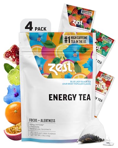 Zest Energy Tea Bags Variety Pack - High Caffeine Black & Green Tea Sampler - Caffeinated Coffee Altnernative/Substitute - Natural, Non-GMO & Keto Friendly - Hot or Iced - 80 Tea Bags - 135-150mg Caf