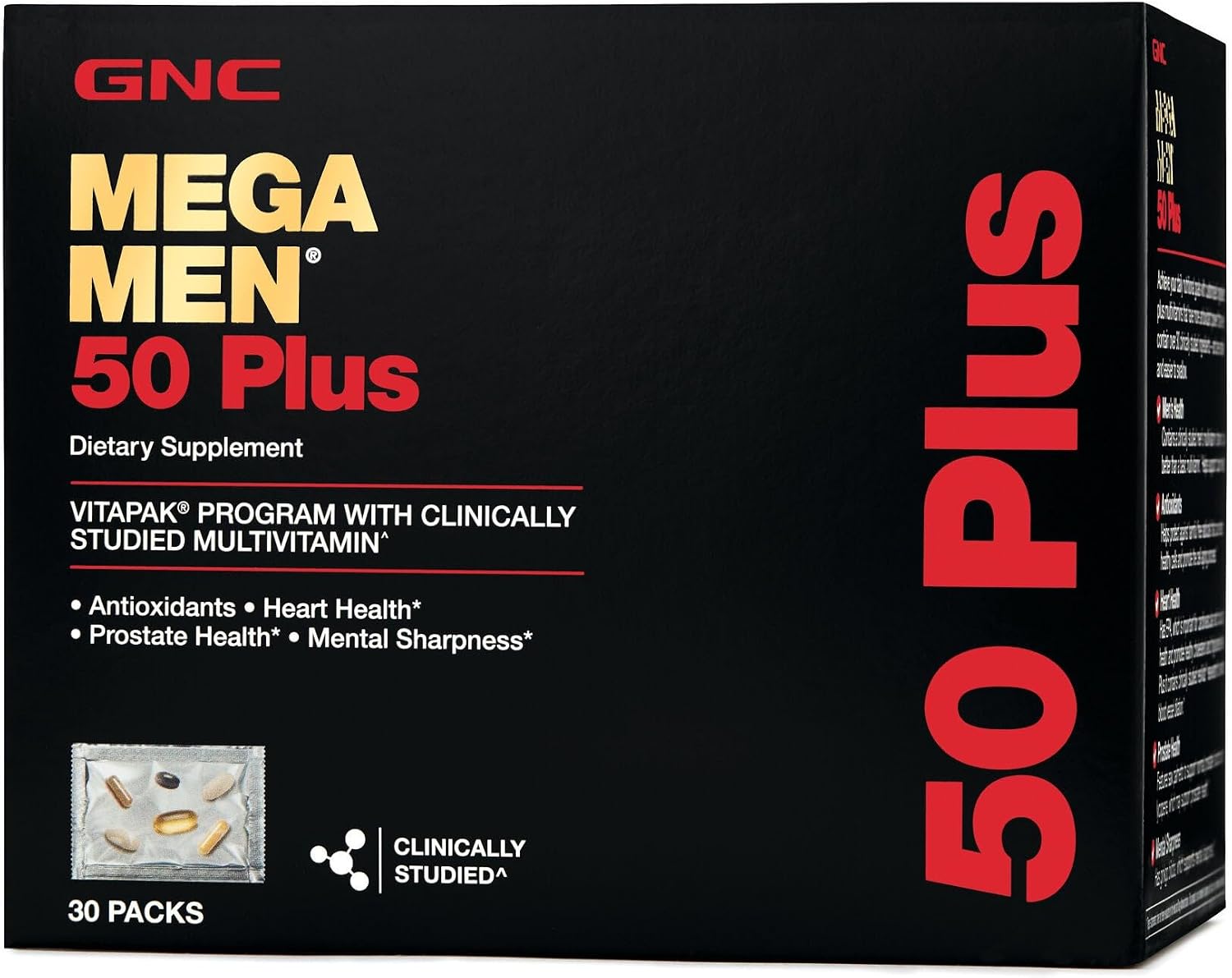 GNC Mega Men 50 Plus Vitapak Program, Convenient Complete Nutrition, 5 Products in 1 Vitamin Pack, Multivitamin, Fish Oil, Mental Sharpness, Ginkgo, Prostate Health, 30 Packets, 30 Day Supply