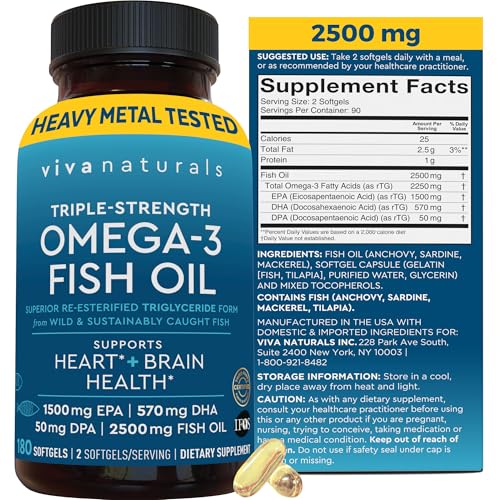Triple Strength Omega 3 Fish Oil Supplement for Women and Men  2500 mg High-Potency, Easy-to-Absorb Re-esterified Triglyceride Form, Pescatarian-Friendly DPA EPA DHA Omega 3 Supplement, 180 Softgels