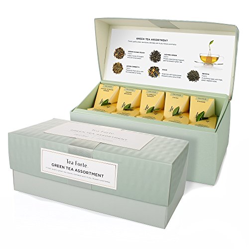 Tea Forte Assorted Green Tea Presentation Box Tea Gift Set Sampler, 20 Count, 2 of Each Variety Individually Wrapped Handcrafted Pyramid Infuser Bags