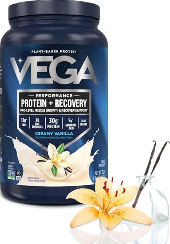 Vega Sport Vegan Protein Powder + Recovery - 30g Plant Based Protein per Serving, Vanilla, 20 Servings, 5g BCAAs, Probiotics, NSF Certified, for Shakes & Smoothies, 1.8lbs (Packaging May Vary)