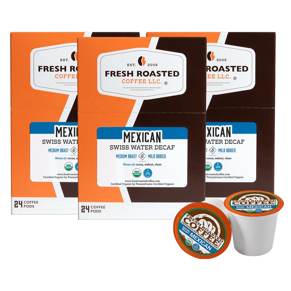 Fresh Roasted Coffee, Organic Mexican Water-Processed Decaf | USDA Organic, 100% Single Origin, Kosher | Medium Roast 72 Pods for K Cup Brewers