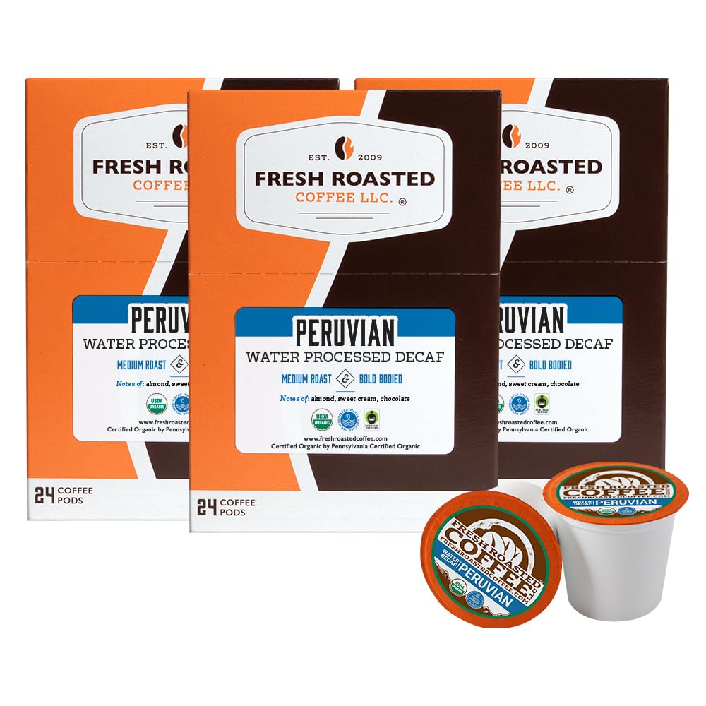 Fresh Roasted Coffee, Organic Peru Water-Processed Decaf | Mold & Myco 3rd Party Tested, USDA Organic, Kosher | Med Roast 72 Pods for K Cup Brewers