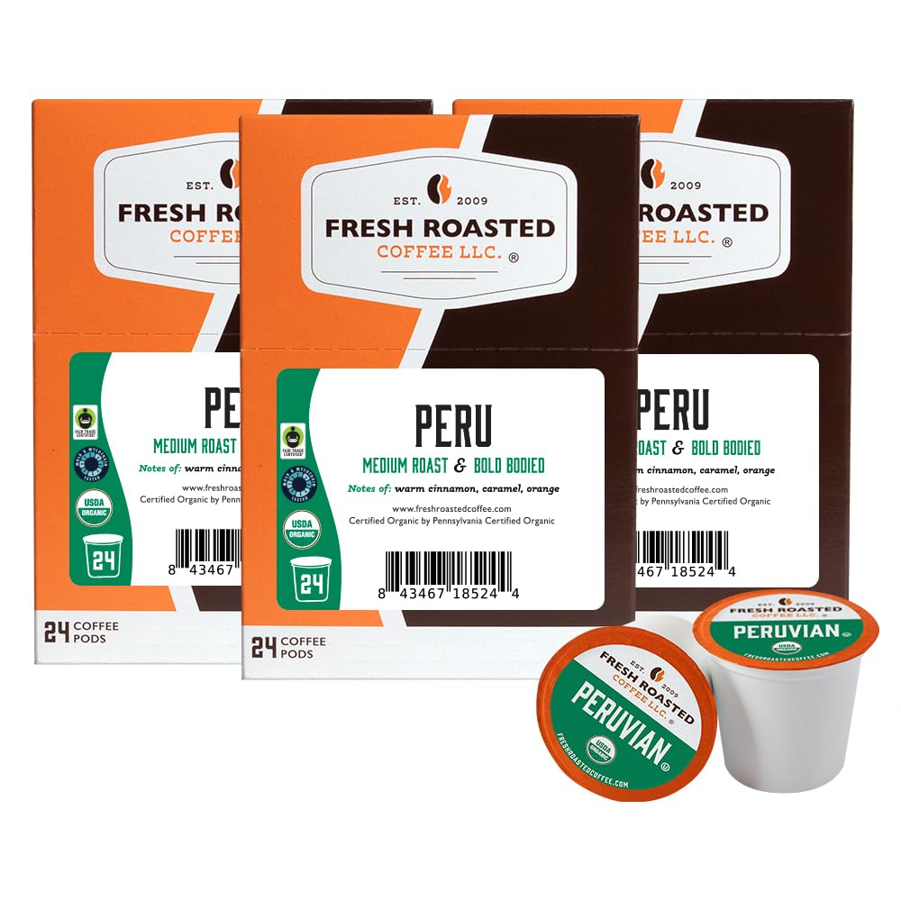 Fresh Roasted Coffee, Organic Peru | Mold & Myco 3rd Party Tested, USDA Organic, Kosher | Med Roast 72 Pods for K Cup Brewers