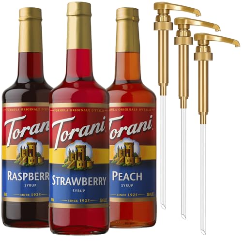 Torani Strawberry, Peach, and Raspberry Syrup for Drinks, Variety 3-Pack, Flavoring for Iced Tea, Lemonade, and Sodas, Pumps Included, 25.4 Oz Ea