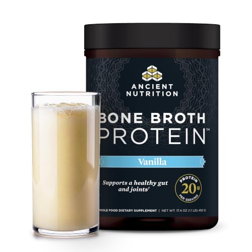 Ancient Nutrition Grass Fed, Cage Free, Bone Broth Protein Powder, 20g Protein, Hydrolyzed Collagen Peptides, Keto & Paleo Friendly, Supports Joint, Gut Health, Vanilla, 20 Servings