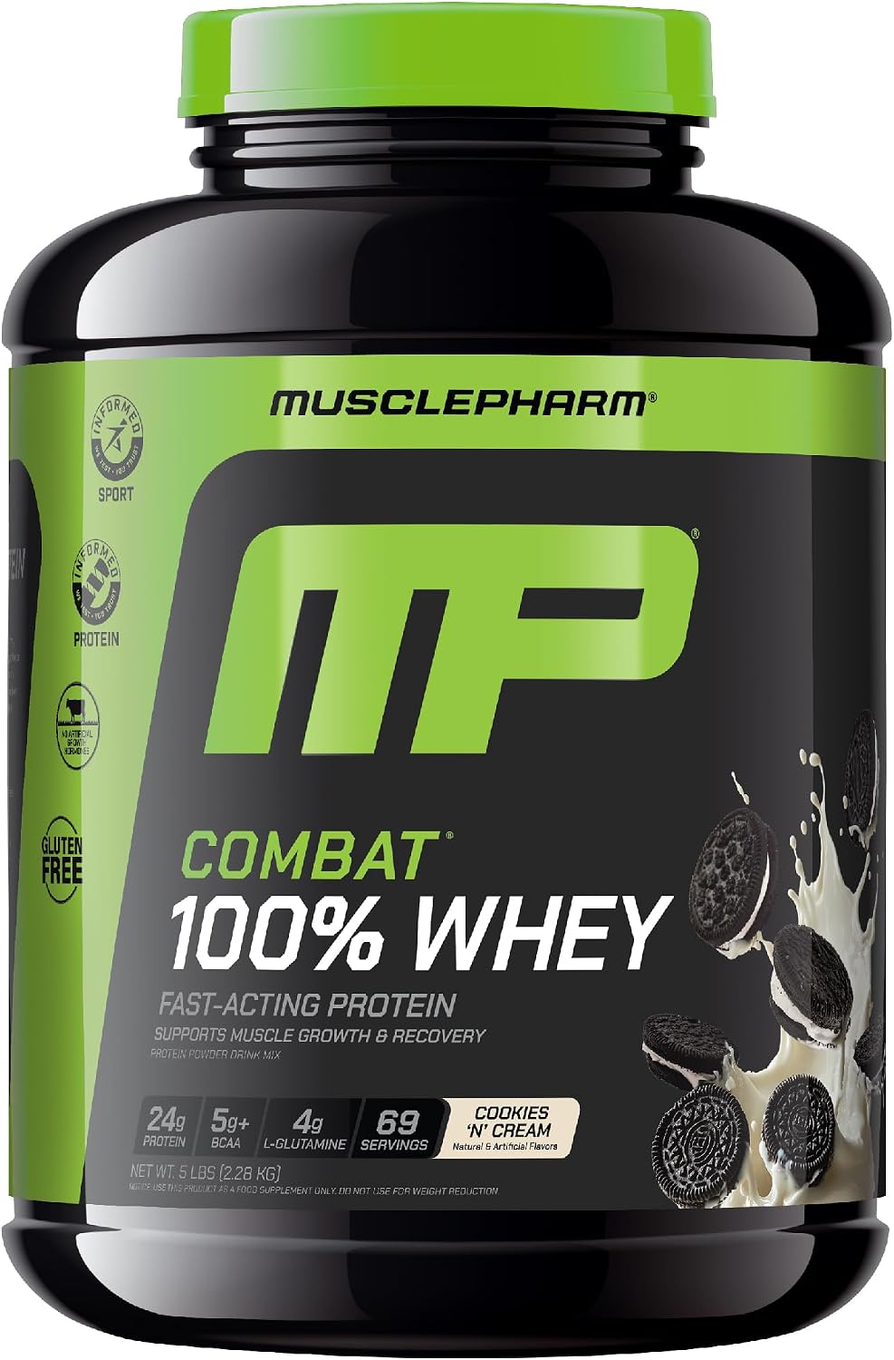 MusclePharm Combat 100% Whey Protein Powder, Cookies N Cream Flavor, Fast Recovery & Muscle Gain with Whey Protein Isolate, High Protein Powder for Women & Men, Gluten Free, 5 lb, 69 Servings