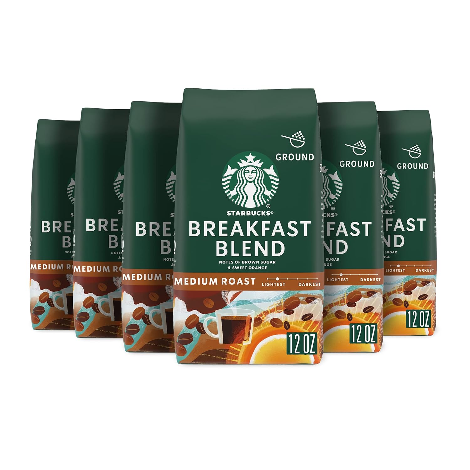 Starbucks Ground Coffee, Medium Roast Coffee, Breakfast Blend, 100% Arabica, 6 bags (12 oz. each)