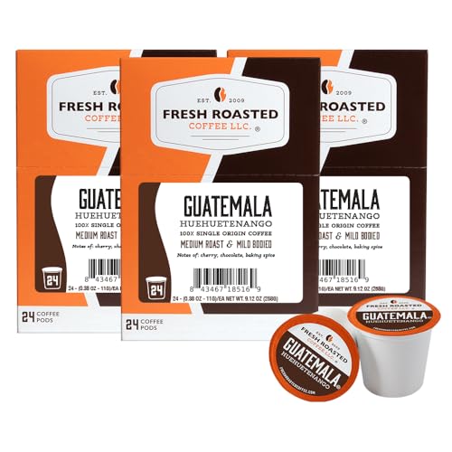 Fresh Roasted Coffee, Guatemala Huehuetenango, Medium Roast, 72 Pods for K Cup Brewers