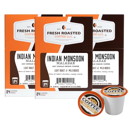 Fresh Roasted Coffee, Indian Monsoon Malabar, Light Roast, 72 Pods for K Cup Brewers