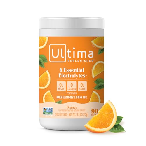Ultima Replenisher Daily Electrolyte Powder Drink Mix  Sugar Free  Orange, 90 Servings  Hydration Powder with 6 Key Electrolytes and Trace Minerals  Keto Friendly, Vegan, Non-GMO