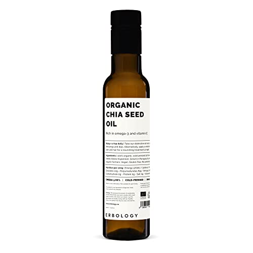 Erbology Organic Chia Seed Oil 8.5 fl oz - Cold-Pressed - Rich in Omega-3 (66%) and Vitamin E (330% RI) - No Additives or Preservatives - Sustainably Sourced - Vegan - GMO-Free
