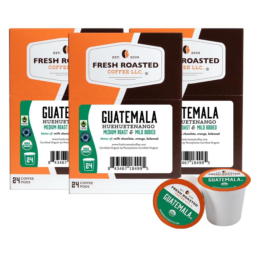 Fresh Roasted Coffee, Organic Guatemala | Single Origin, USDA Organic, Mold & Myco 3rd Party Tested, Kosher | 72 Pods for K Cup Brewers