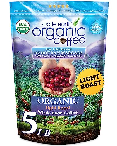 5LB Subtle Earth Organic Coffee - Light Roast - Whole Bean Coffee - 100% Arabica Beans - Low Acidity and Non-GMO - 5lb bag