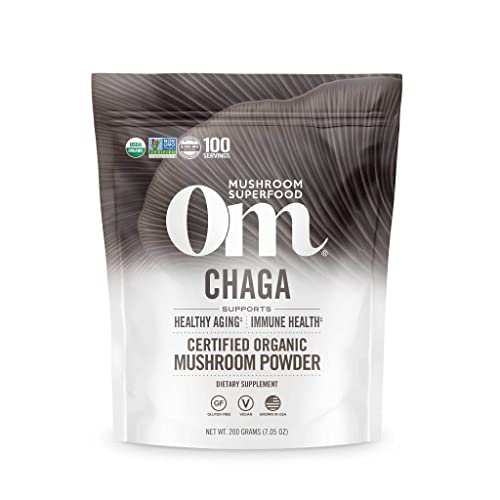 OM MUSHROOM SUPERFOOD Chaga Organic Mushroom Powder, 7.05 Ounce Pouch, 100 Servings, US Grown, Sacred Antioxidants & Immune Support, Superfood Mushroom Supplement