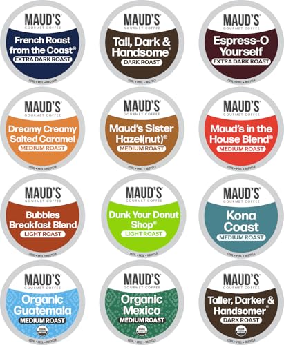 Maud's Family Pack Coffee Pods Variety Pack, 136 ct, 12 Assorted Flavors, Medium Roast Recyclable Single Serve Pods  100% Arabica Coffee, Compatible with Keurig K Cups Maker
