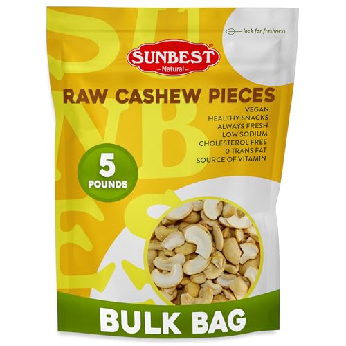 Sunbest Natural Raw Cashew Halves & Pieces, 5 lbs  Unsalted & Unroasted  Bulk Cashews to Eat  For Party Snacks, Baking & Topping  Rich in Plant-Based Protein & Fiber (80 oz)