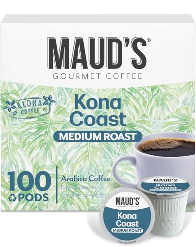 Maud's Kona Coffee Pods, 100 ct, Medium Roast Coffee in Recyclable Single Serve Pods  100% Arabica Coffee, Compatible with Keurig K Cups Maker