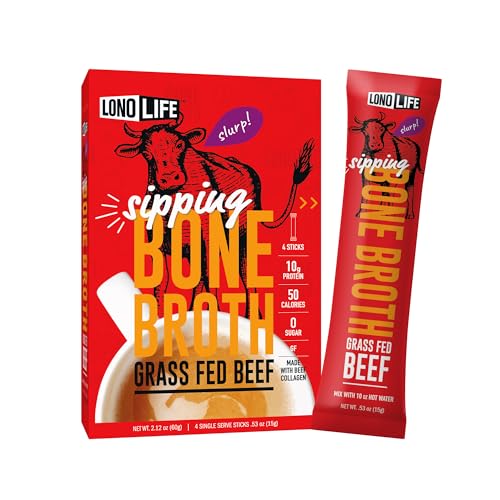 LonoLife Beef Bone Broth Powder Mix | Grass-Fed, 10g Protein | Collagen-Rich, Keto & Paleo Friendly | Natural Ingredients | 24 Portable Stick Pack Servings