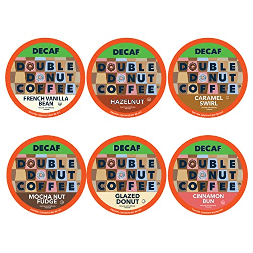 Double Donut Coffee Decaf Flavored Coffee Variety Pack - 6 Traditional Flavors (Caramel Swirl, Hazelnut, Glazed Donut, Mocha Nut Fudge, Vanilla Bean, and Cinnamon Bun) for Keurig K Cups Coffee Makers - 72 Count