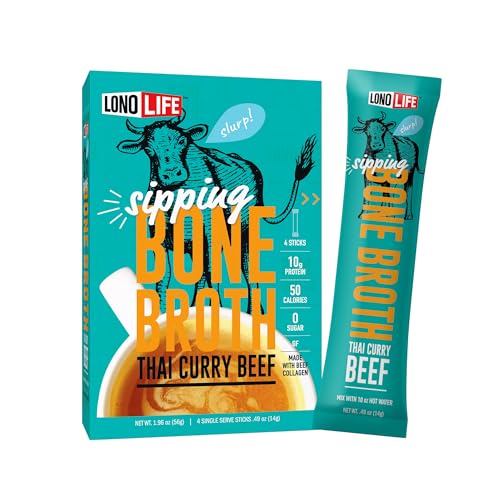 LonoLife Thai Curry Beef Bone Broth Powder Mix | Grass-Fed, 10g Protein | Collagen-Rich, Keto & Paleo Friendly | Natural Ingredients | 24 Portable Stick Pack Servings