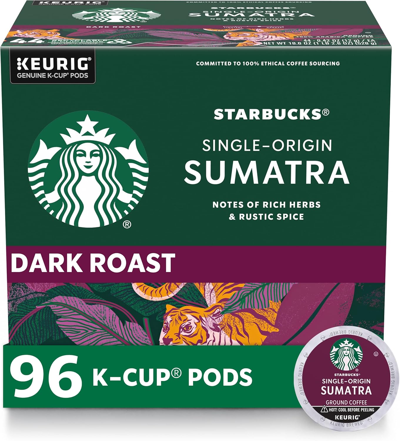 Starbucks K-Cup Coffee Pods, Dark Roast Coffee, Sumatra for Keurig Brewers, 100% Arabica, 4 boxes (96 pods total)