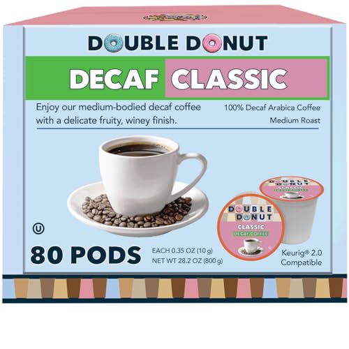 Double Donut Coffee Classic Roast Decaf Coffee, Decaf Medium Roast Coffee, Decaf Pods for Keurig K Cups Machines, Hot or Iced Single Serve Decaffeinated in Recyclable Pods, 80 Count